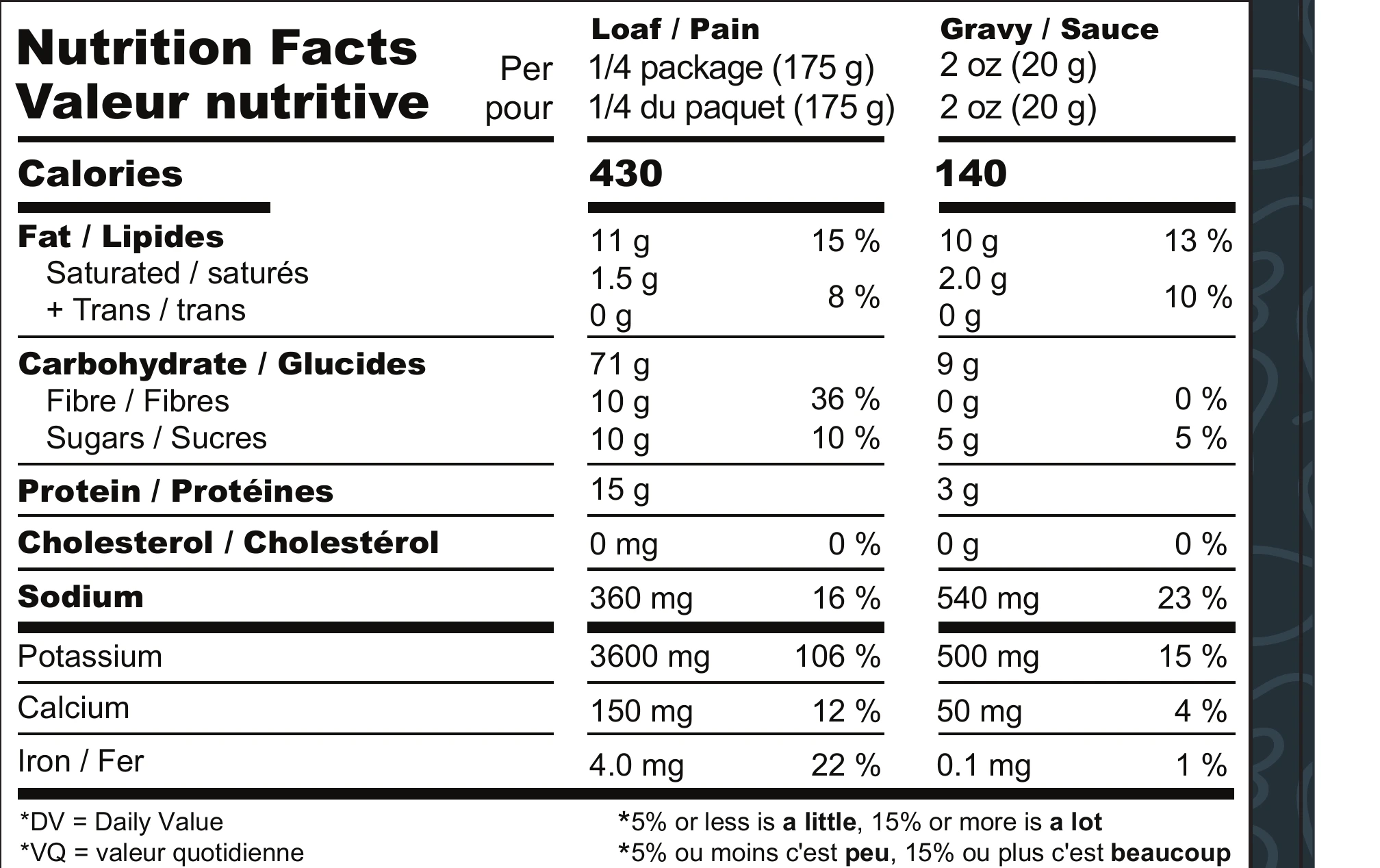 Nutrition facts table for Lentil Almond Veggie Loaf, as printed on the box